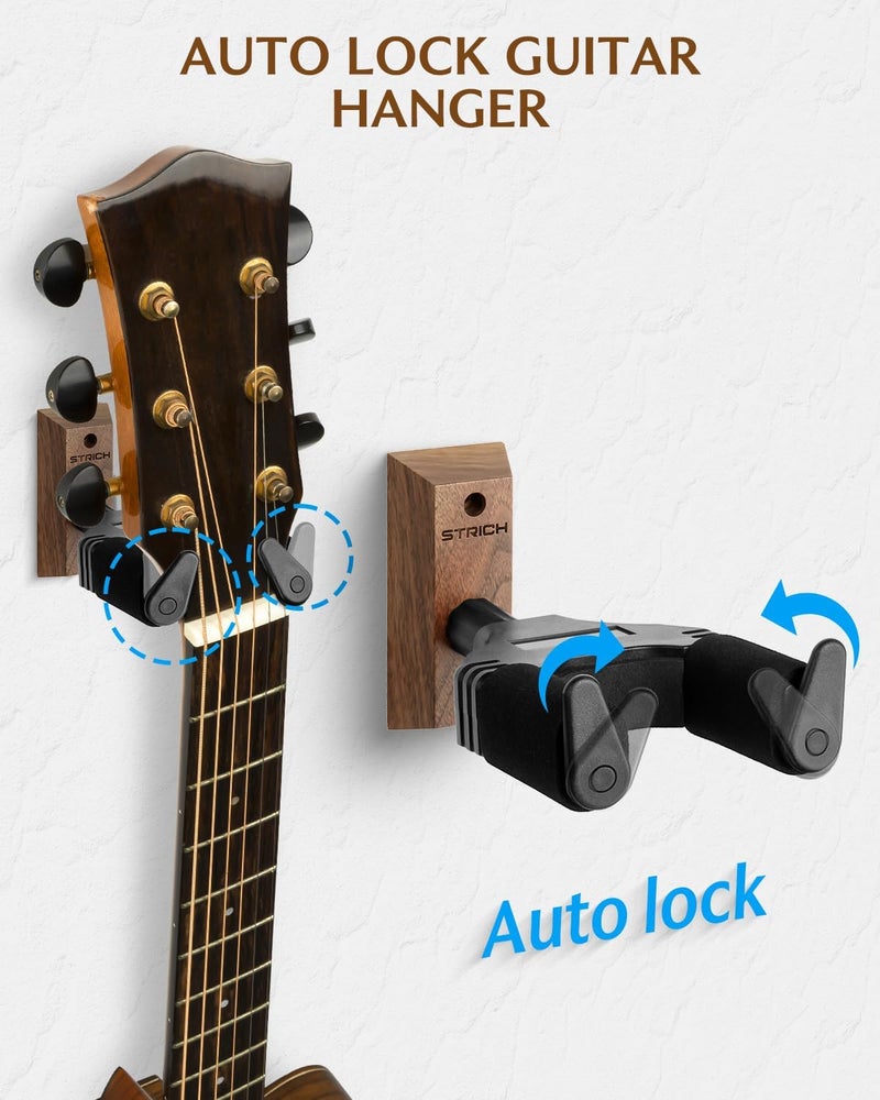 STRICH Guitar Wall Mount,Walnut Base Guitar Hanger,U-Shaped Guitar Wall Hanger Mount with Screws,Auto Lock Guitar Holder Hook Stand for Acoustic, Electric Guitar, Banjo, Bass(2-Pack) - Image 3